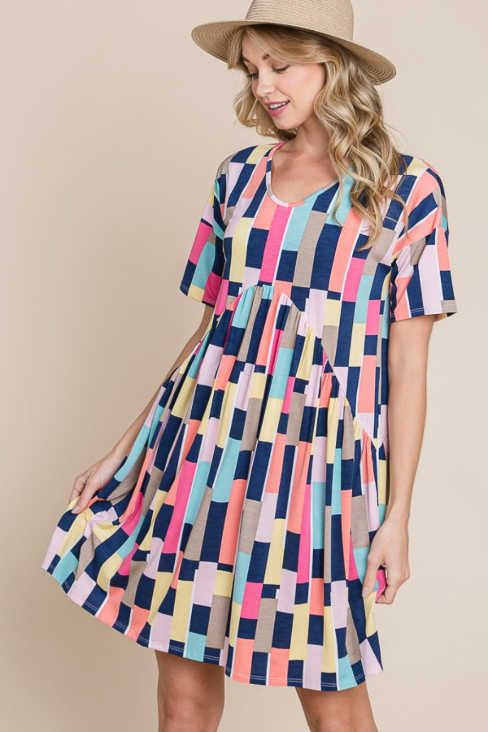 BOMBOM Ruched Color Block Short Sleeve Mini Dress