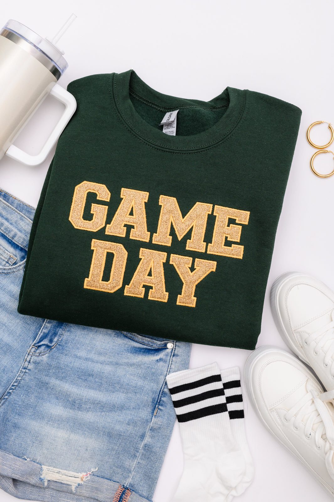 PREORDER: Embroidered Glitter Game Day Sweatshirt in Forest Green/Old Gold