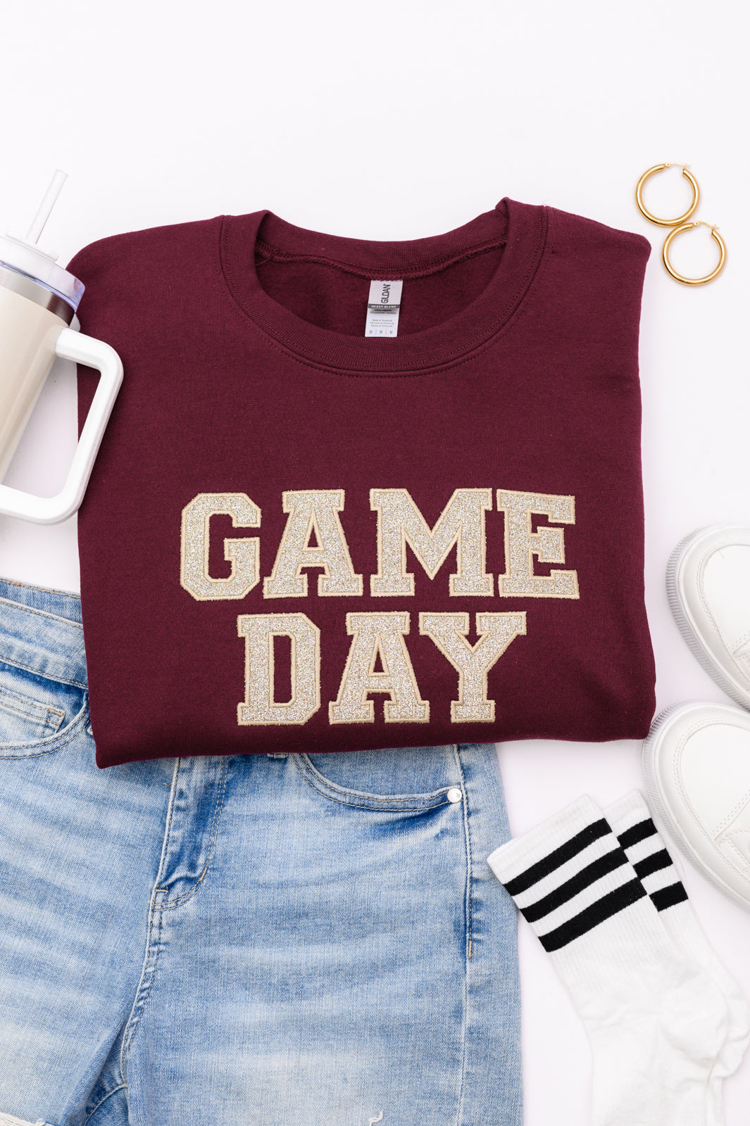 PREORDER: Embroidered Glitter Game Day Sweatshirt in Garnet/Champagne Gold