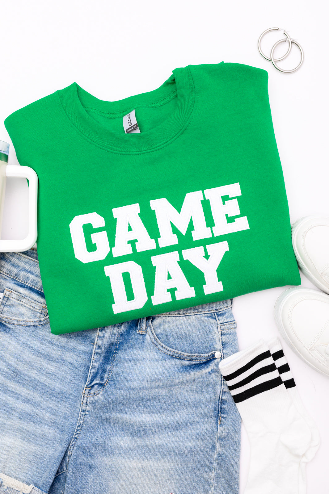 PREORDER: Embroidered Glitter Game Day Sweatshirt in Kelly Green/White