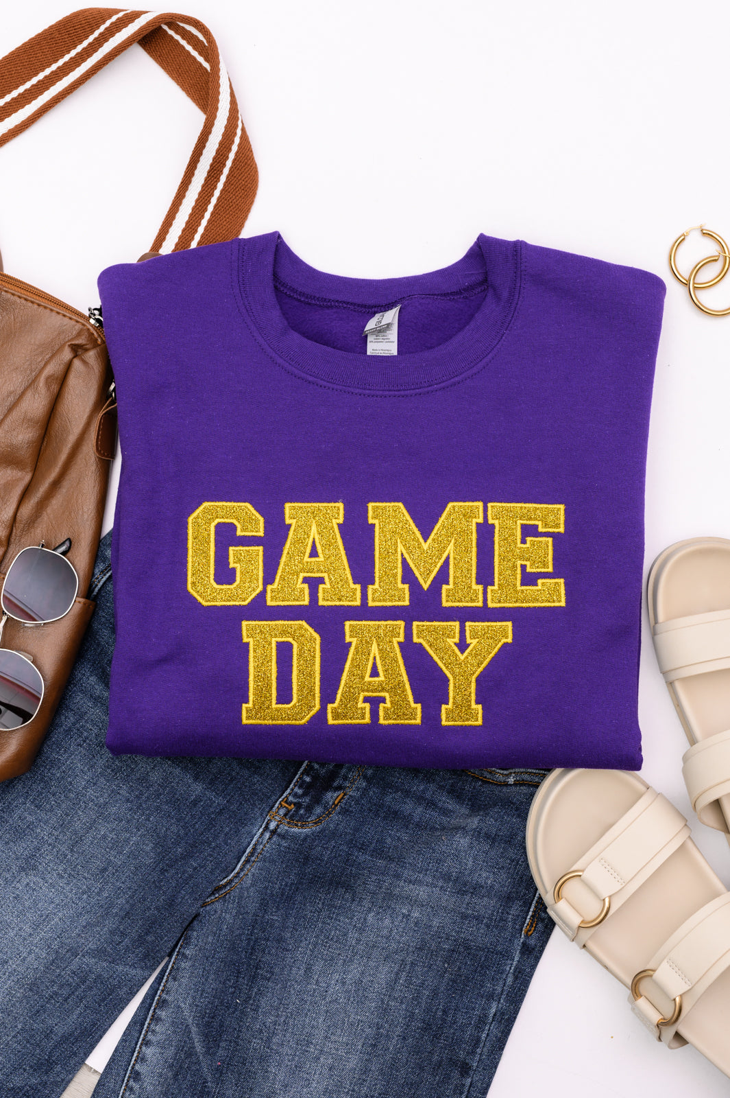 PREORDER: Embroidered Glitter Game Day Sweatshirt in Purple/Golden Yellow