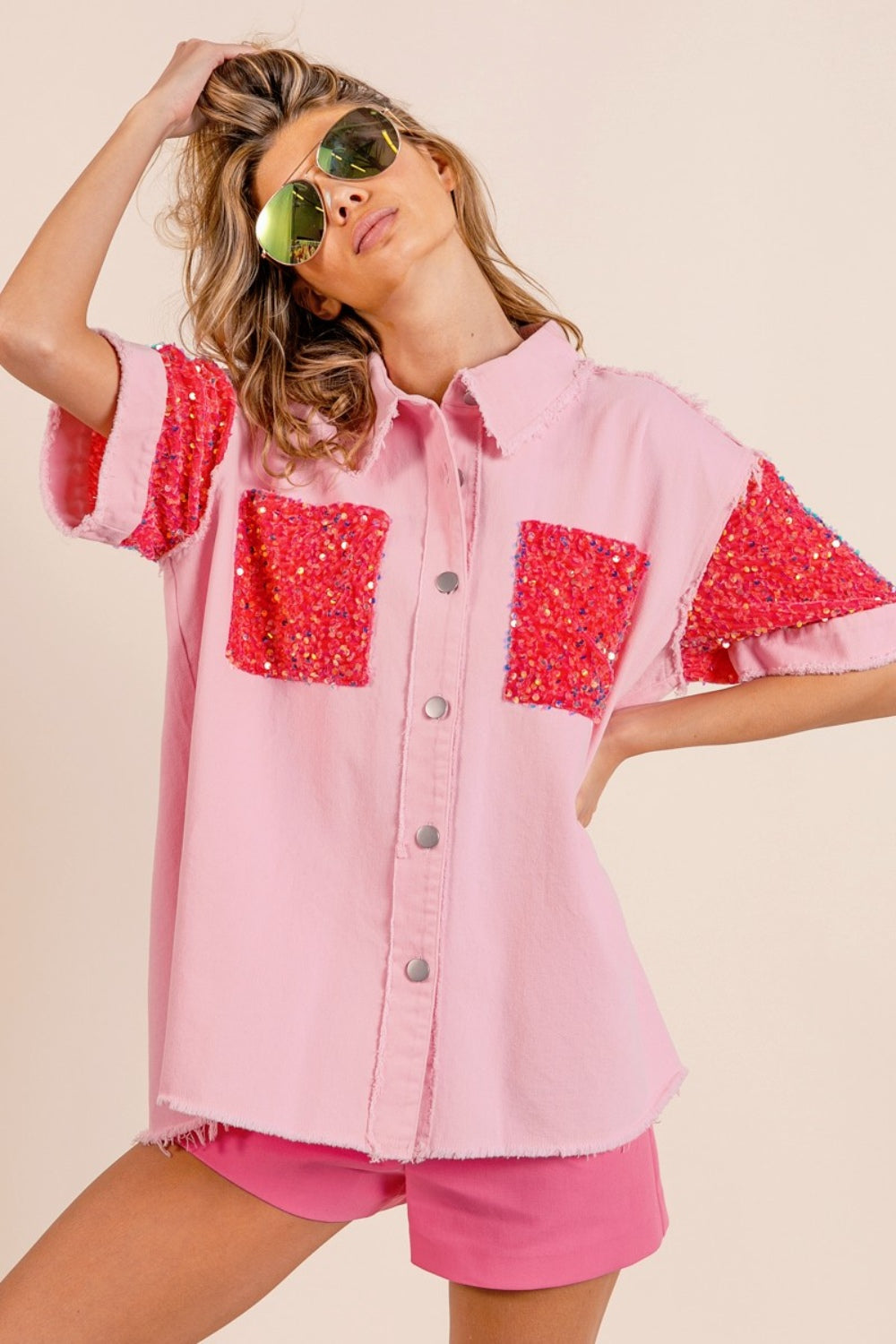 BiBi Sequin Detail Raw Hem Short Sleeve Shirt