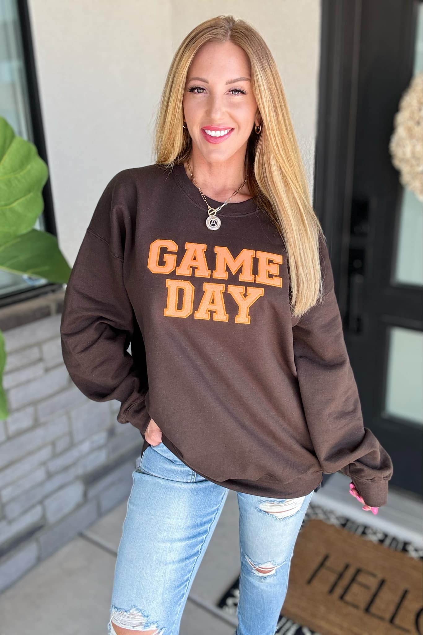 PREORDER: Embroidered Glitter Game Day Sweatshirt in Brown/Orange