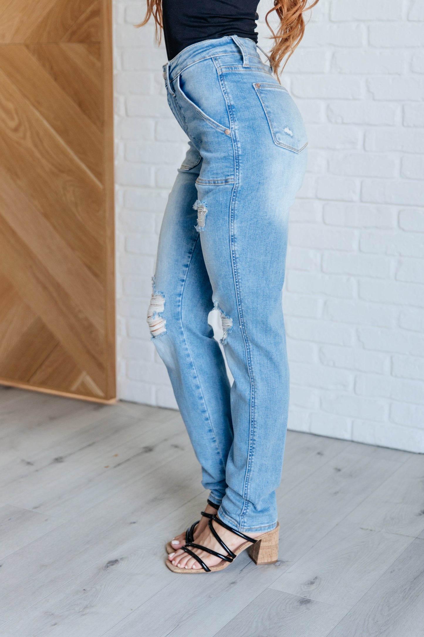 Aiden High Rise Patch Pocket Distressed Boyfriend Jeans