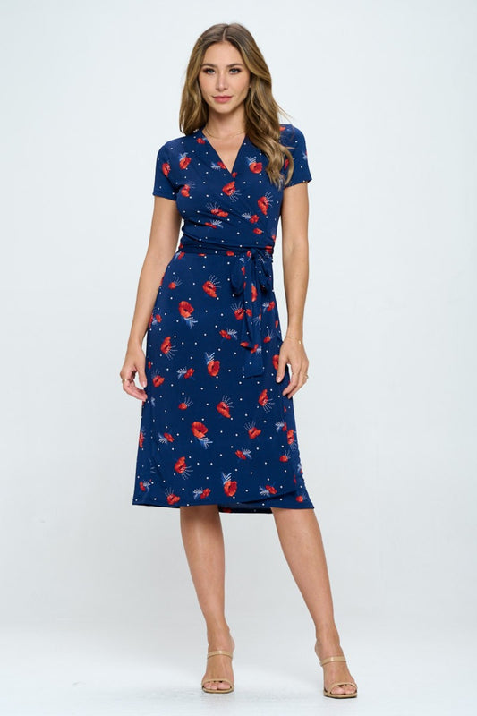 RENEE C Floral Tie Front Surplice Short Sleeve Dress