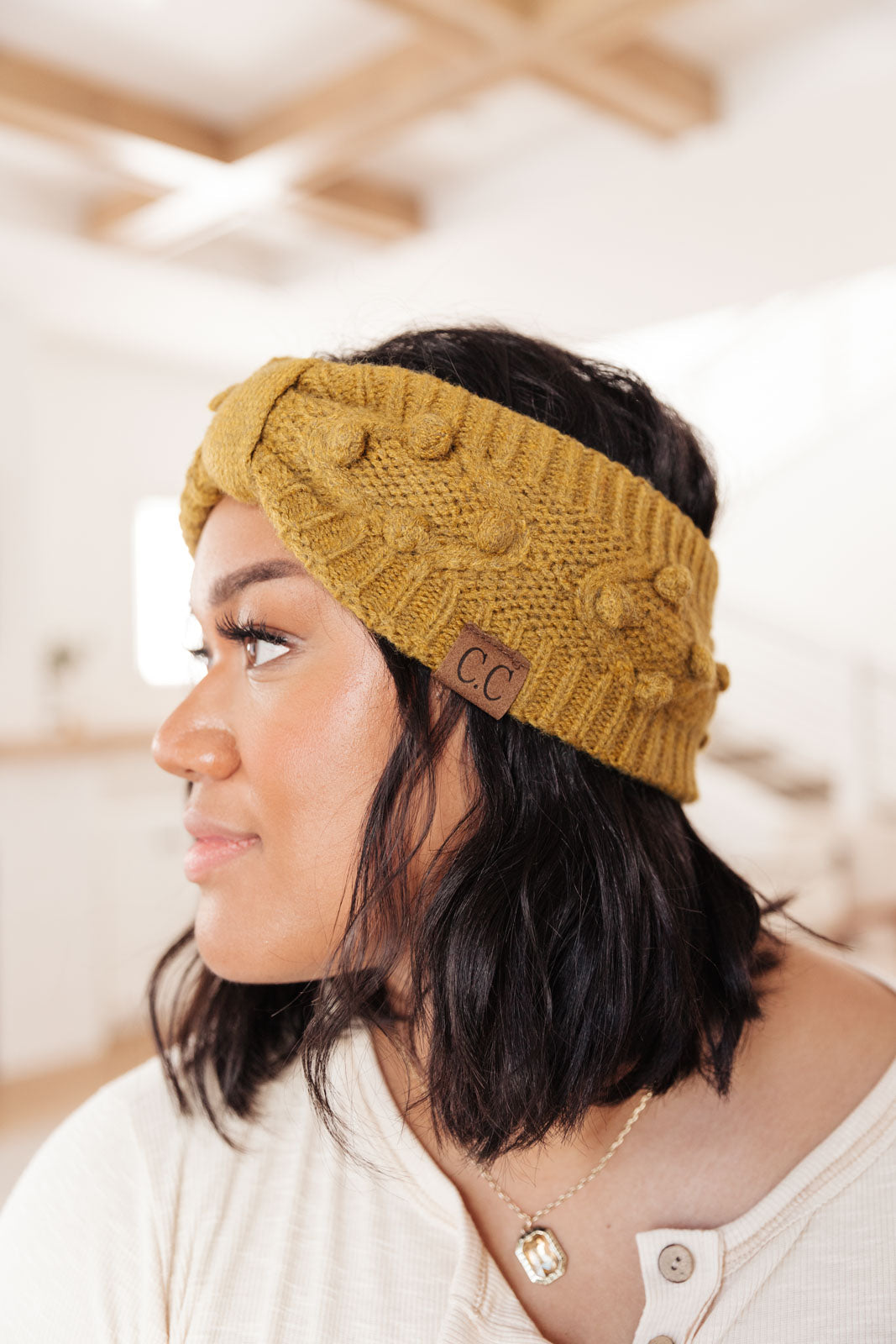 Pom Knit Head Wrap in Mustard