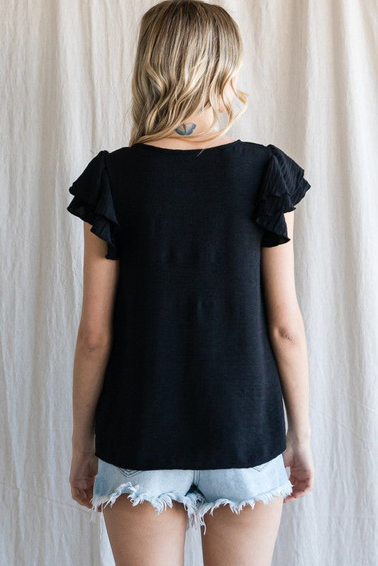 Solid Double Ruffle Cap Sleeve Top in Black