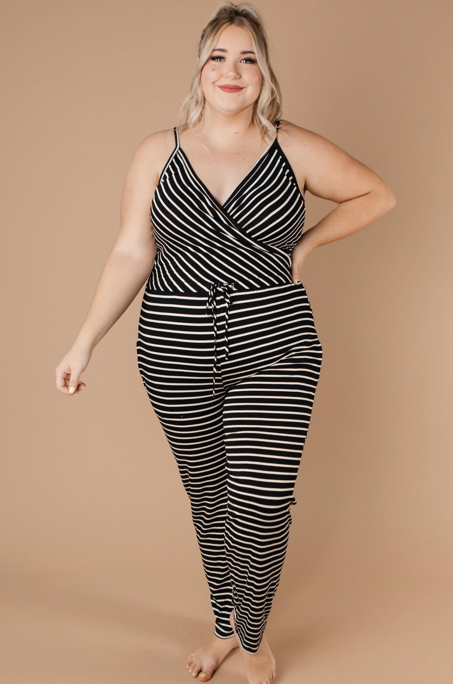 Black & White Striped Surplice Jumpsuit