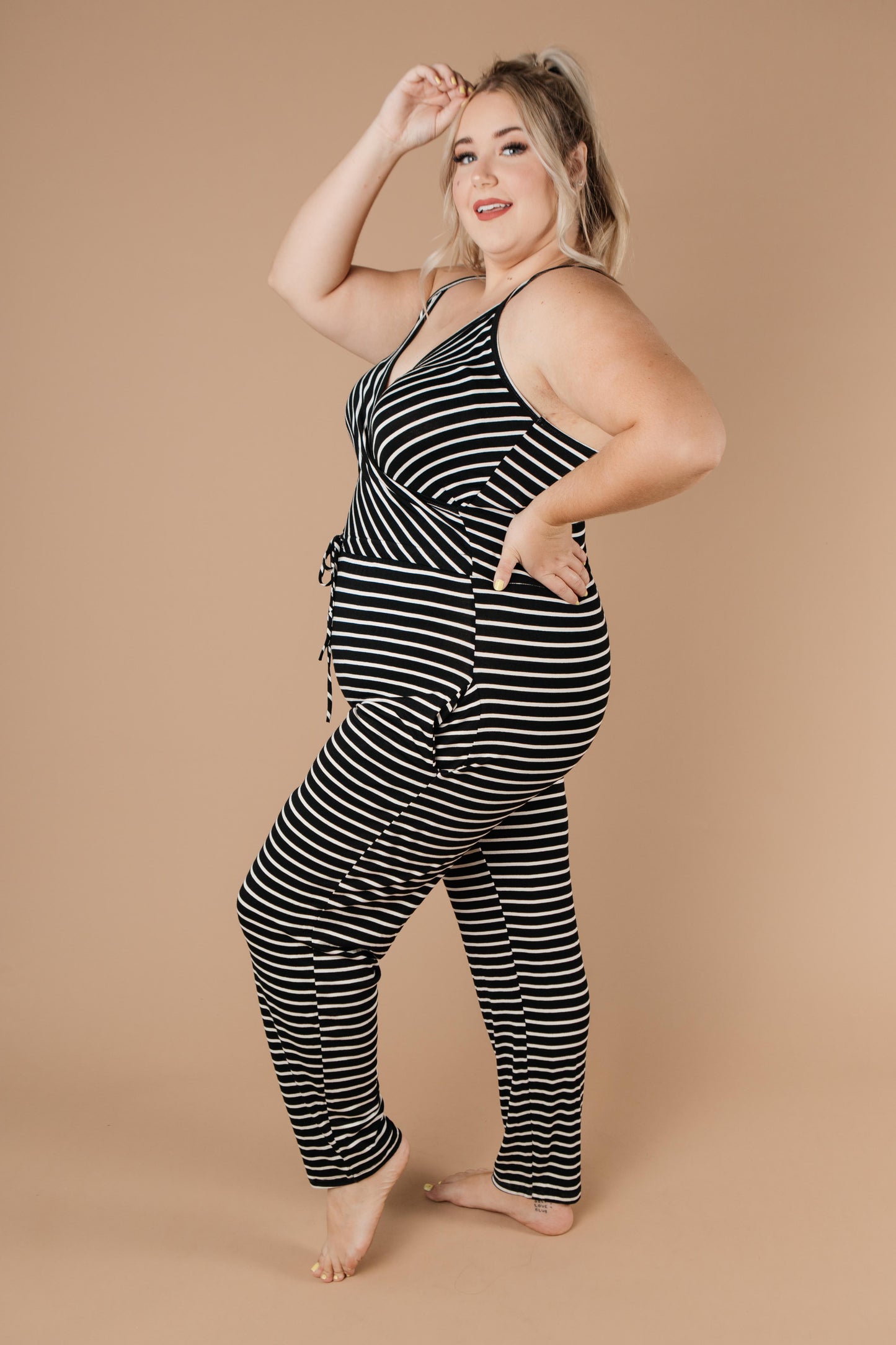 Black & White Striped Surplice Jumpsuit