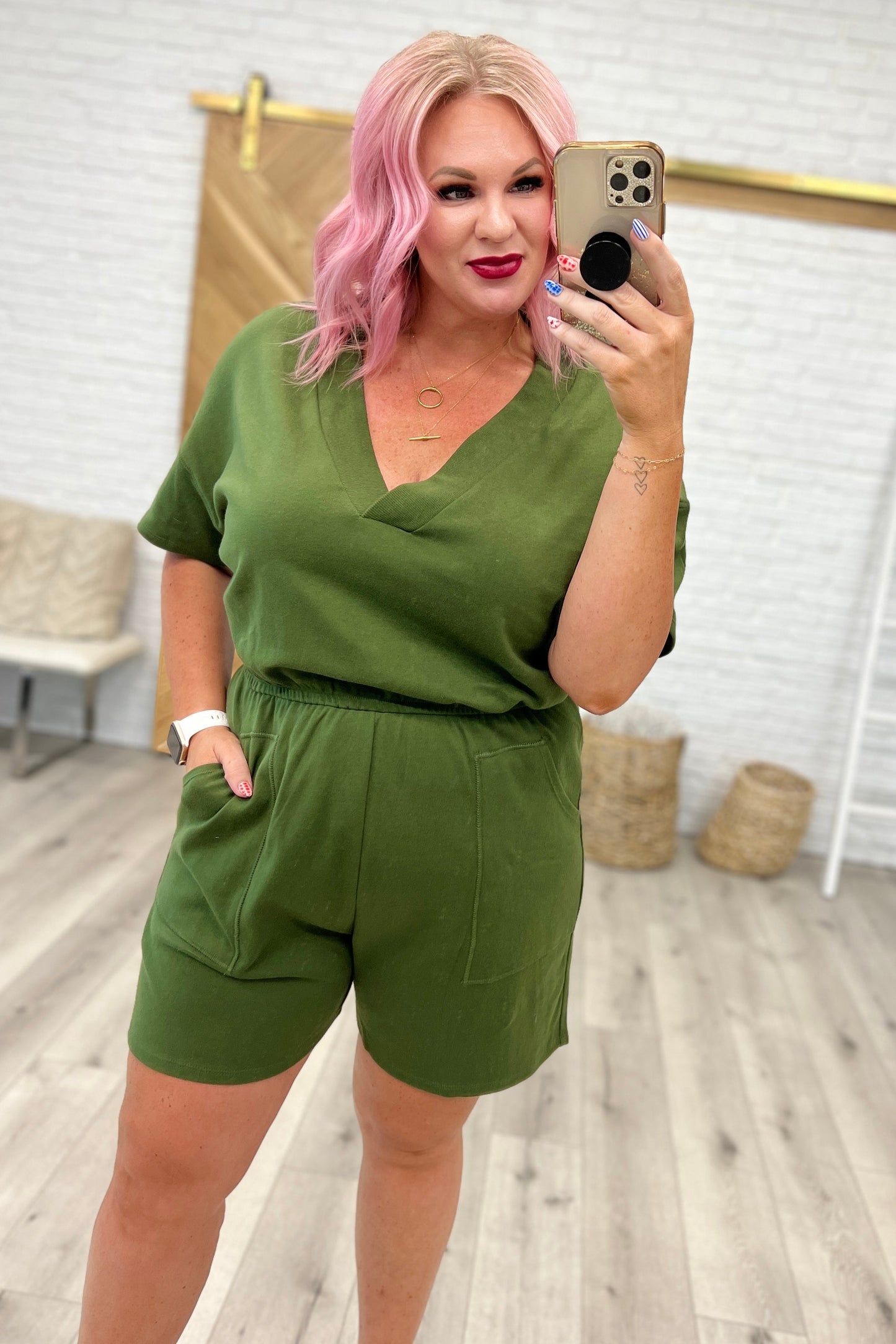 Short Sleeve V-Neck Romper in Army Green