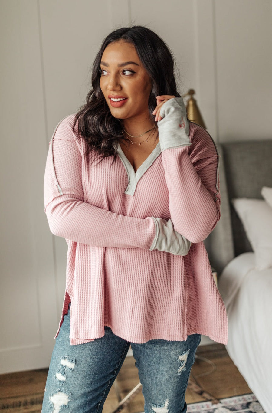 Mia Waffle Knit Long Sleeve In Pink