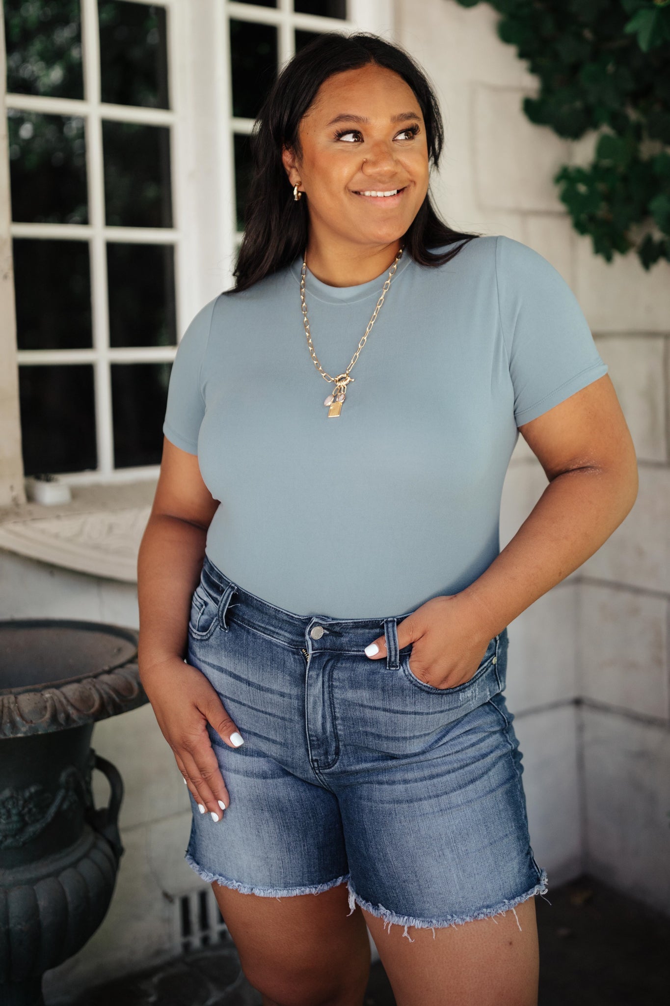 Round Neck Bodysuit In Blue