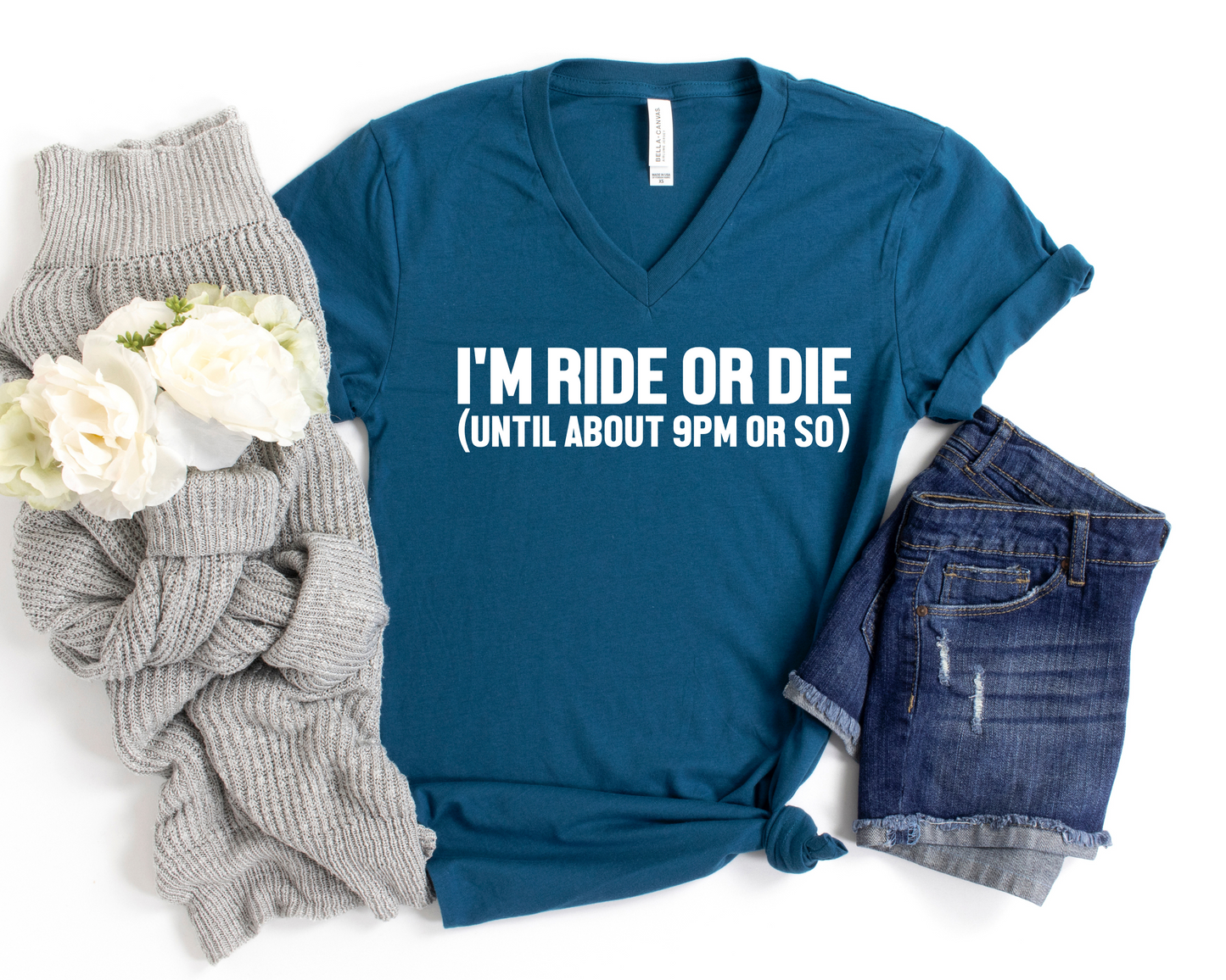 PREORDER: Ride or Die Graphic V-Neck Tee in Deep Teal