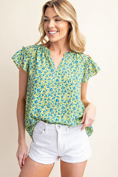 Kori America Floral Notched Ruffled Cap Sleeve Blouse