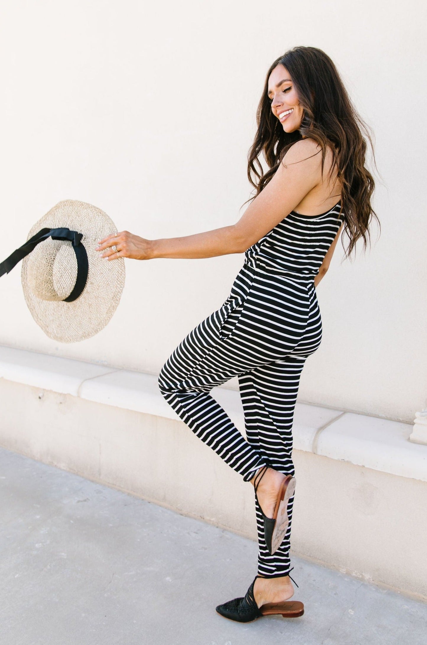 Black & White Striped Surplice Jumpsuit