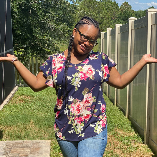 Navy Floral Ruffle Sleeve Top